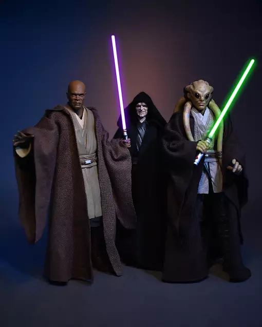Scottacus Customs Star wars Black Series council jedi robes group shot, mace windu kit fisto palpatine robe